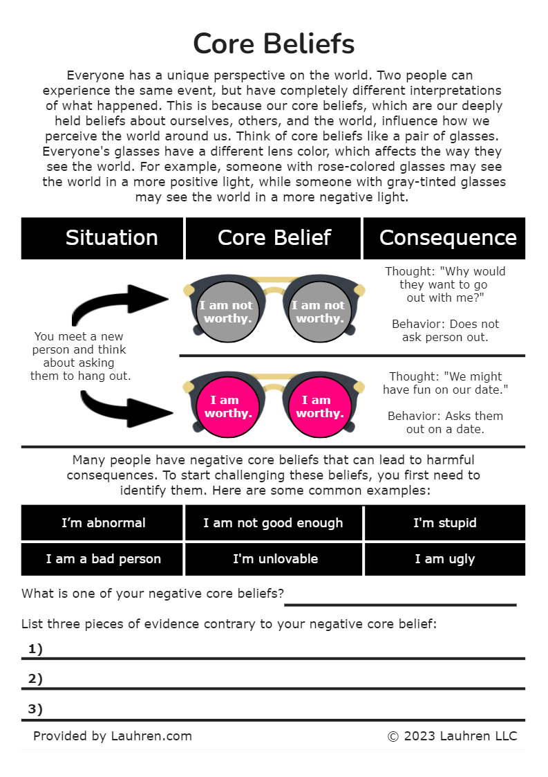 Core Beliefs Worksheet - Free Download